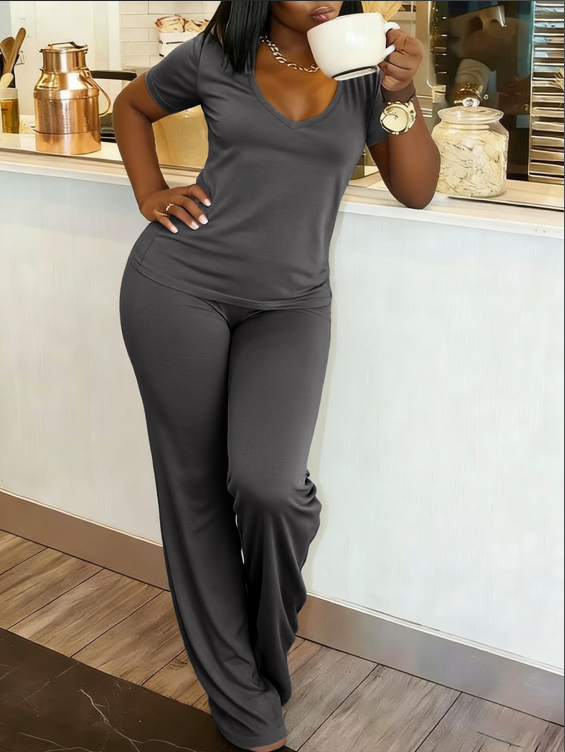 Summer New Ribbed Knit V-Neck Two-Piece Set