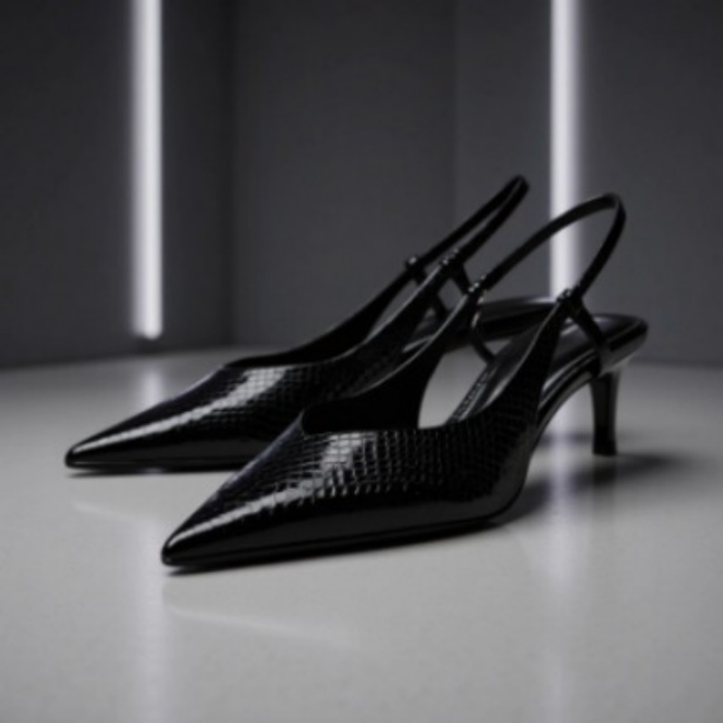 Womens Textured Cat-heeled Pointed-toe Versatile Slingback Heels