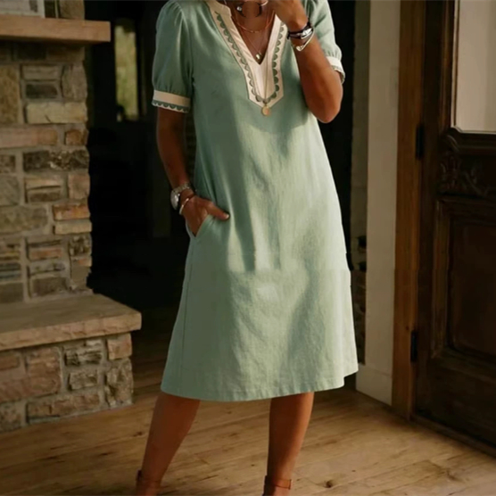 Loose-fit Patchwork Lace Cotton Short-sleeve Dress