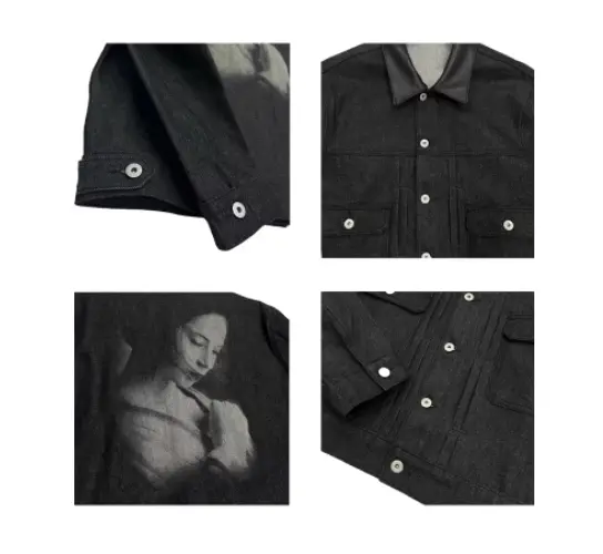 Mens Laser-burned Raw-denim Jacket With A Genuine Leather Collar