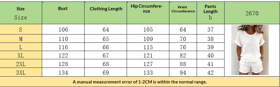 US size chart for Solid-Color T-Shirt & Shorts Two-Piece Set – bust, waist, and hips measurements in inches