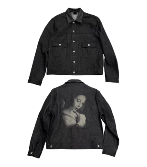 Mens Laser-burned Raw-denim Jacket With A Genuine Leather Collar