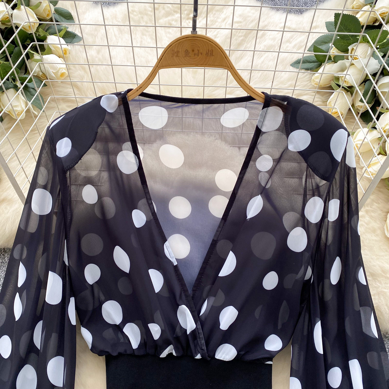 Sheer Cross V-Neck Waist-Cinched Flare-Sleeve Polka-Dot Top 33 0a1b99be 8d6e 4f4b 9b6e 1bed58c2783b