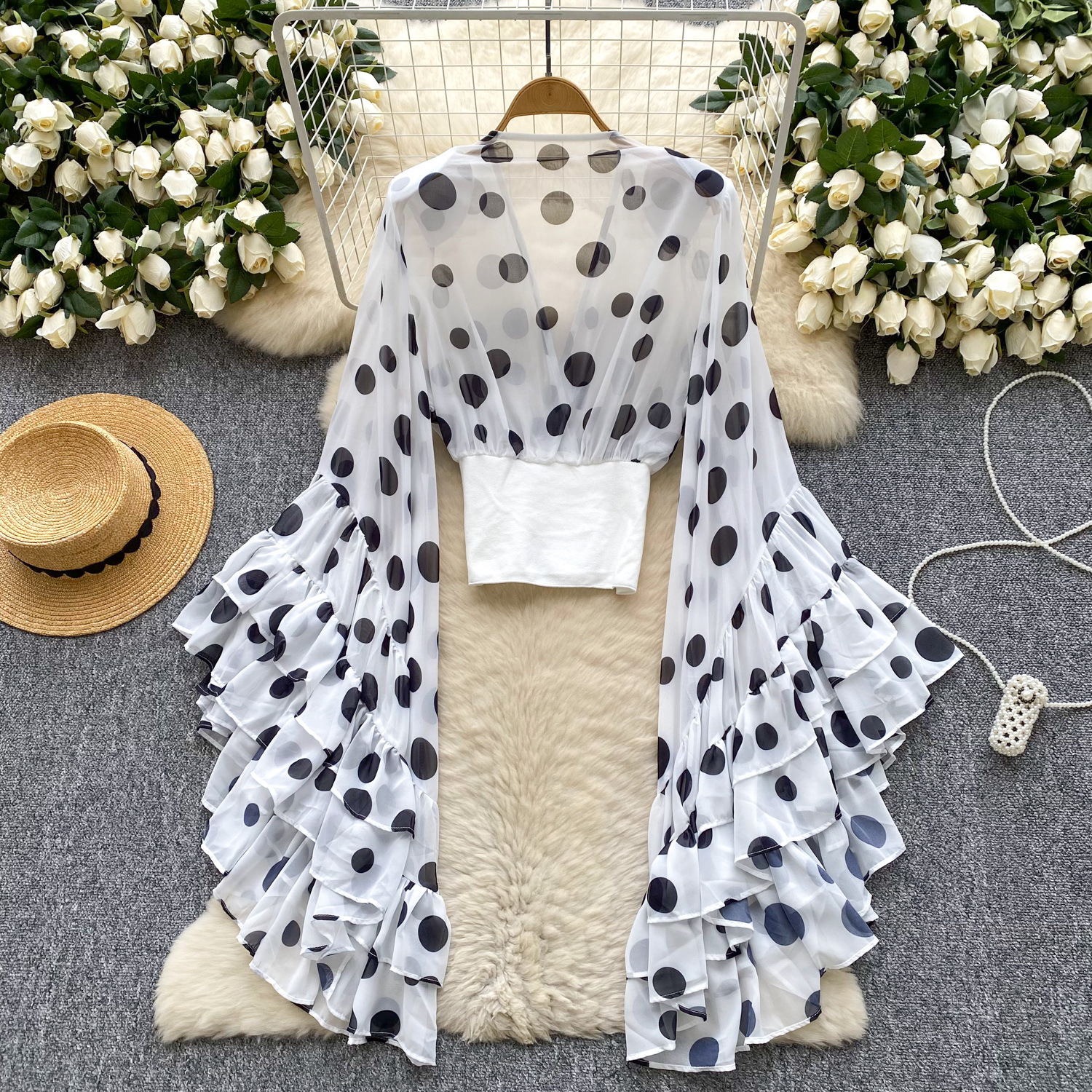 Sheer Cross V-Neck Waist-Cinched Flare-Sleeve Polka-Dot Top 24 132351bf 96cf 4648 8a66 6c44ee45c0f4