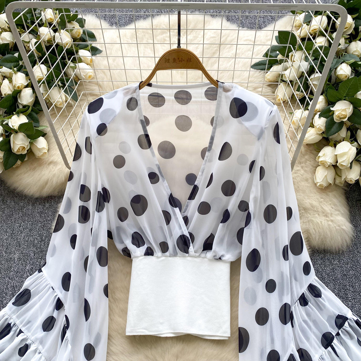 Sheer Cross V-Neck Waist-Cinched Flare-Sleeve Polka-Dot Top 36 17f46f53 8cbf 40f9 a743 0fc4baa17d58