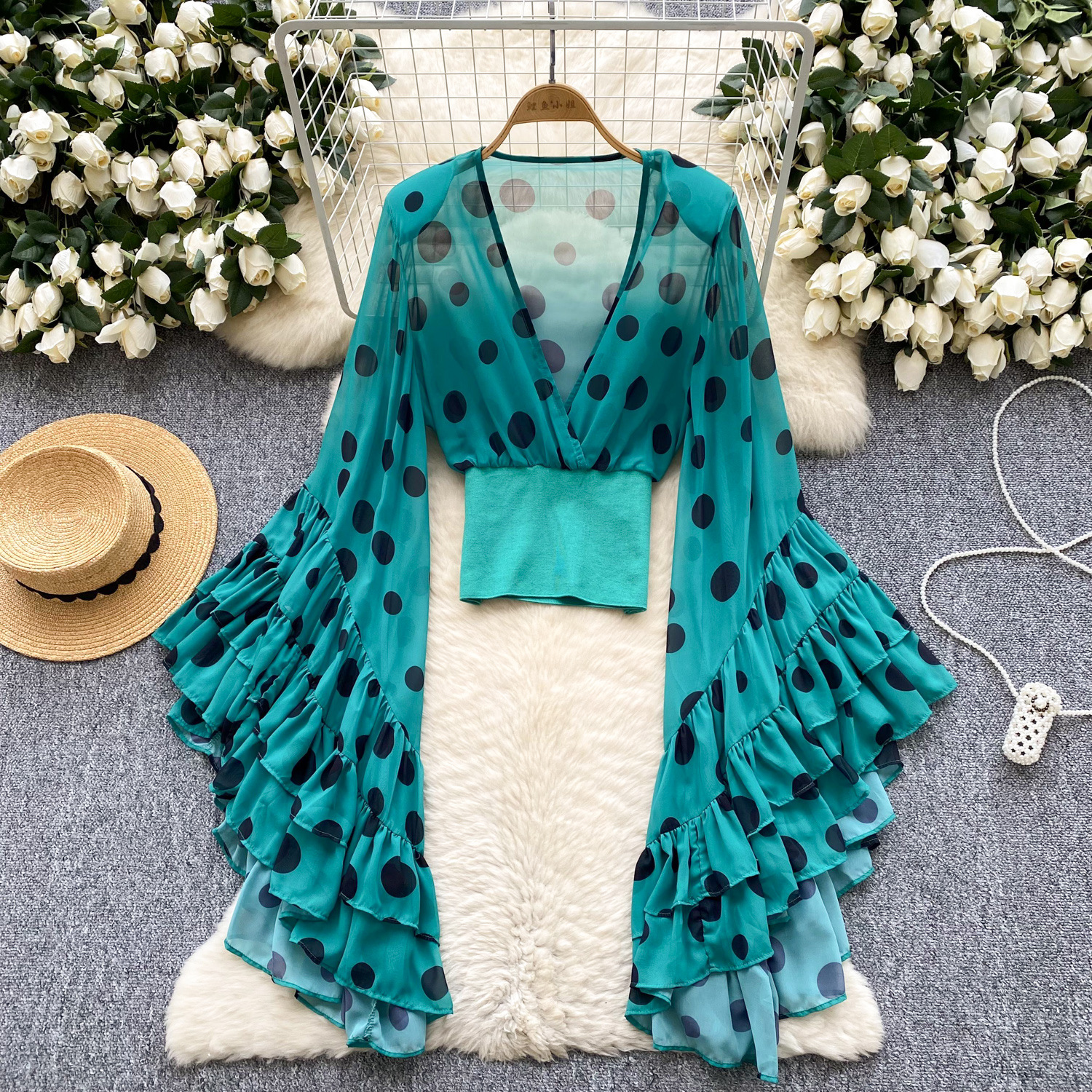 Sheer Cross V-Neck Waist-Cinched Flare-Sleeve Polka-Dot Top 22 1a137829 b9a8 4e35 98f2 5f546923569b