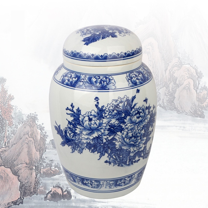 Large Ceramic Cremation Urn Jingdezhen Blue-and-White Porcelain With Peony Design