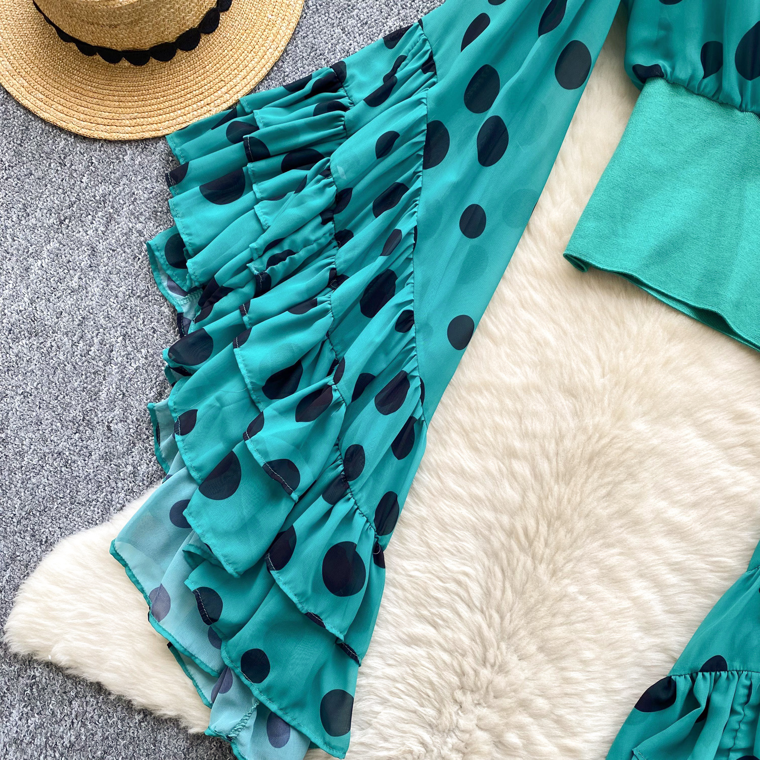 Sheer Cross V-Neck Waist-Cinched Flare-Sleeve Polka-Dot Top 28 24ae4a91 55c4 44d0 a95e bfa0a6964482