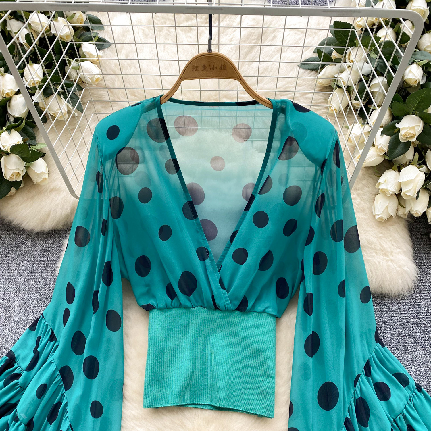 Sheer Cross V-Neck Waist-Cinched Flare-Sleeve Polka-Dot Top 25 2c7a481b af94 403b 9b0c c5f29f1f367f