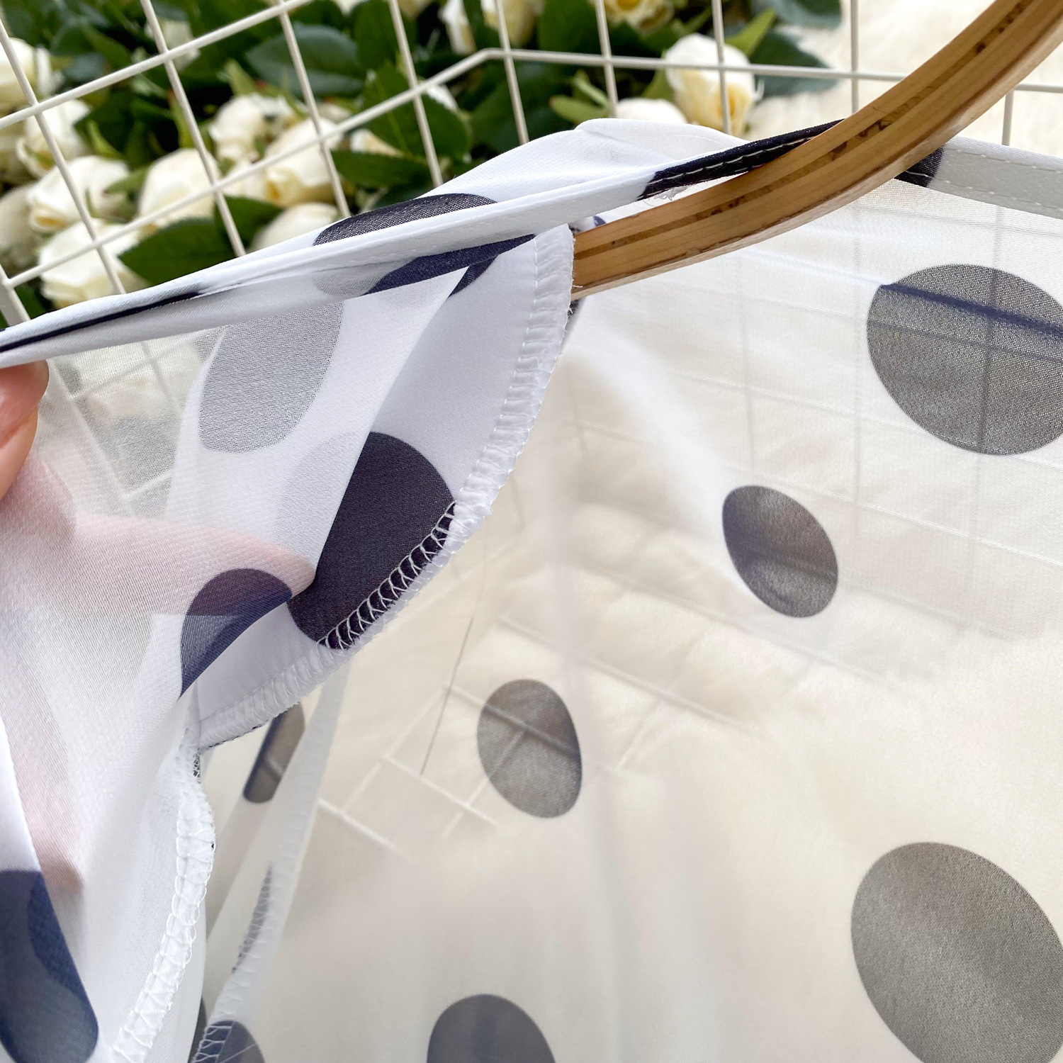 Sheer Cross V-Neck Waist-Cinched Flare-Sleeve Polka-Dot Top 40 360adc40 8254 4a31 a3c5 a4c91955993e