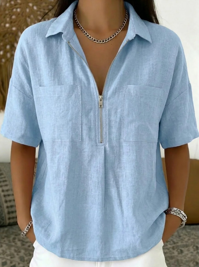 Loose-fit Lapel Short-sleeve Casual V-neck Zip-up Shirt 24 38d4c246 08ae 48c0 979a d310e17a3ef0