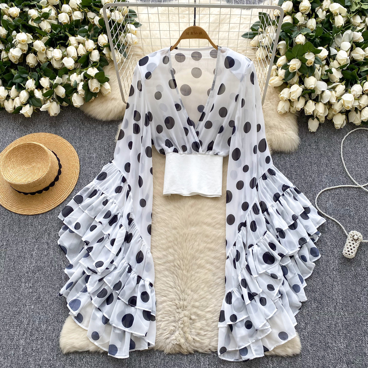 Sheer Cross V-Neck Waist-Cinched Flare-Sleeve Polka-Dot Top 20 43a1bc20 017e 4861 992c 223ce2544f51