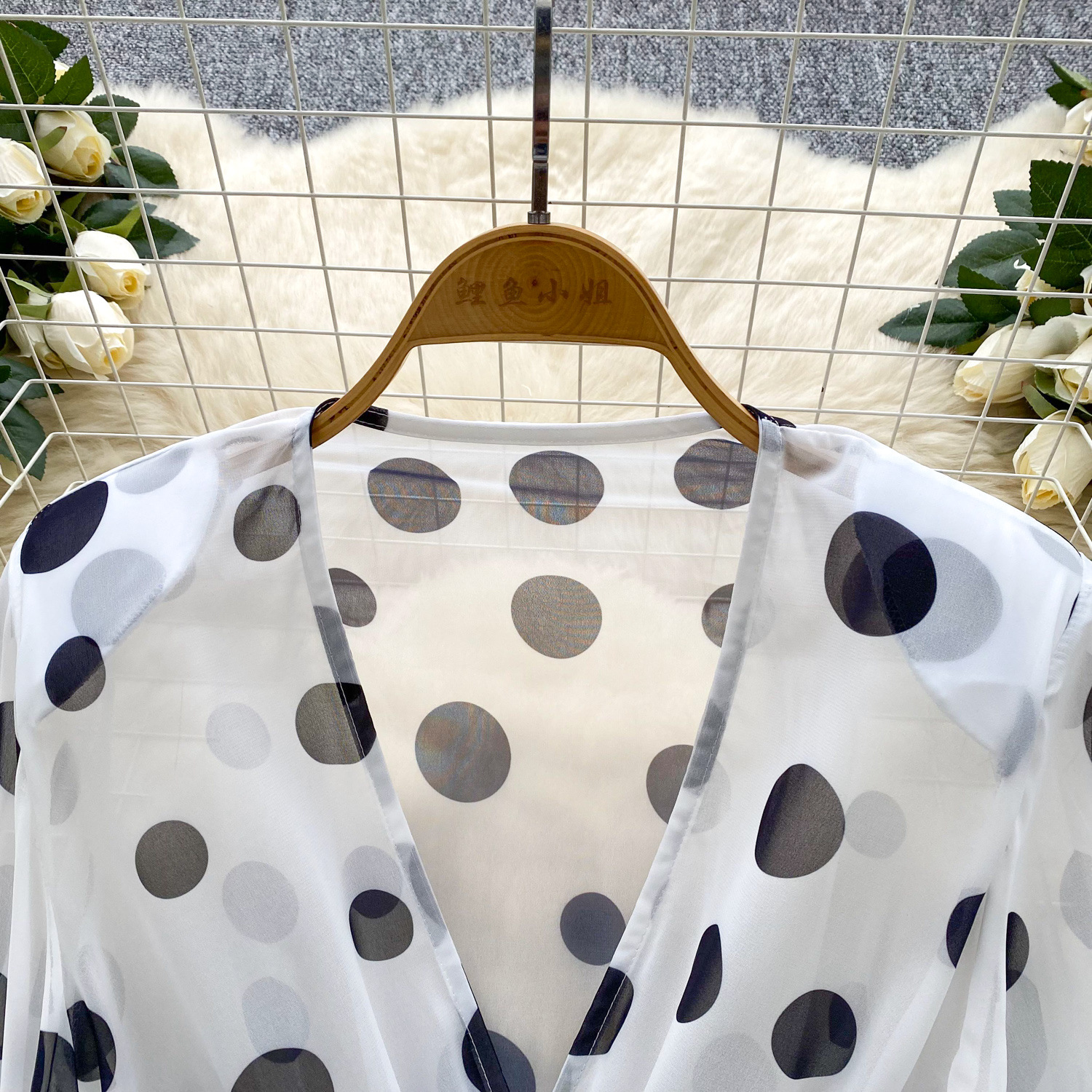 Sheer Cross V-Neck Waist-Cinched Flare-Sleeve Polka-Dot Top 37 52519635 3079 49da a49f 922199504d25