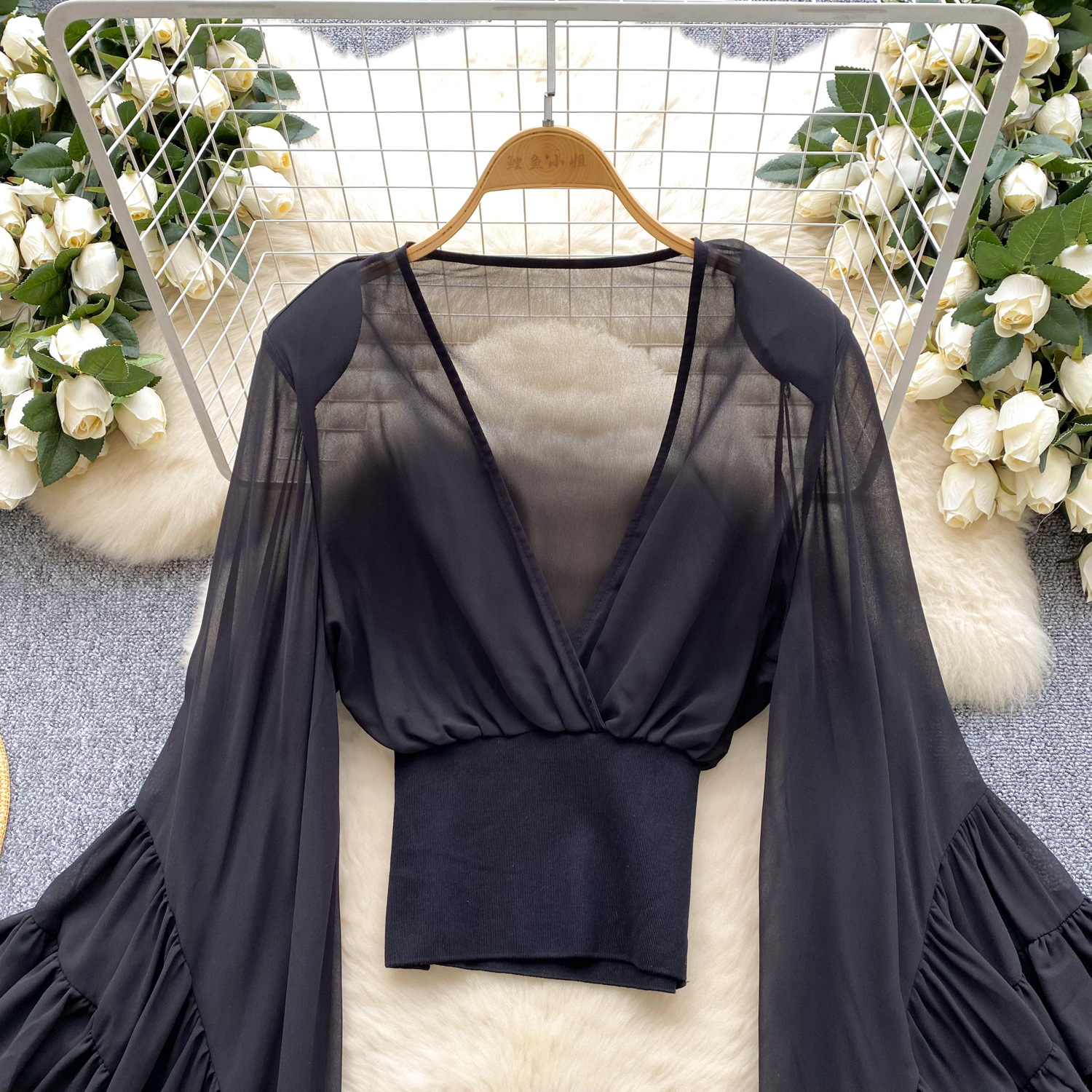 Sheer Cross V-Neck Waist-Cinched Flare-Sleeve Polka-Dot Top 29 85009608 e397 4a10 92d6 381f2f9e9226