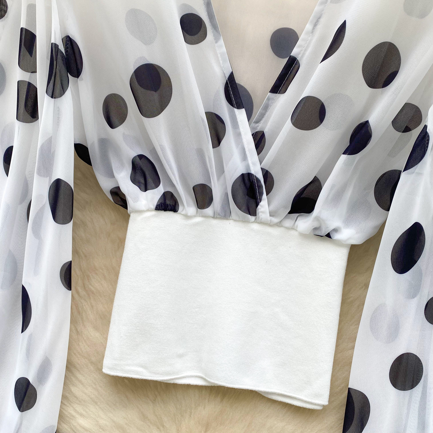 Sheer Cross V-Neck Waist-Cinched Flare-Sleeve Polka-Dot Top 38 8e7a0933 3207 4a27 a5f0 19892d31717b