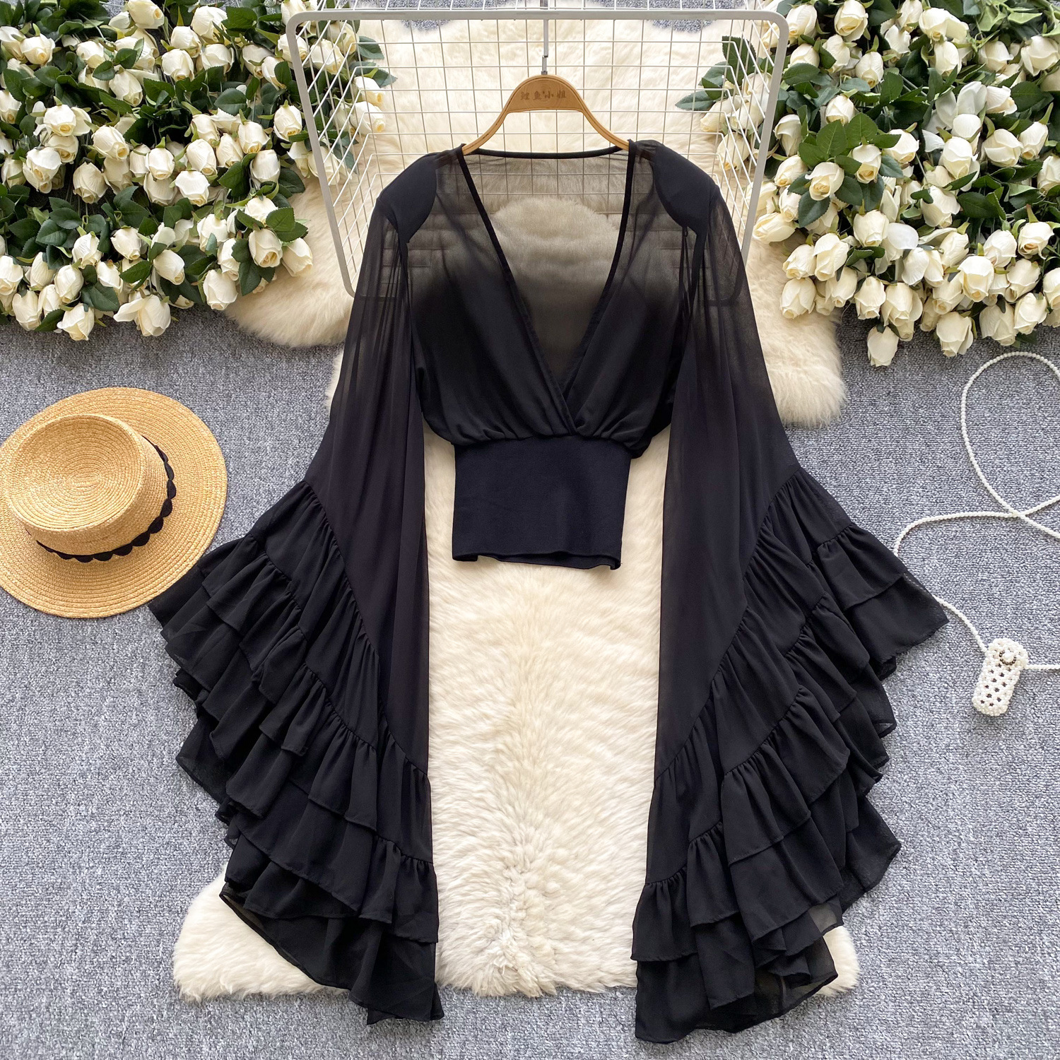 Sheer Cross V-Neck Waist-Cinched Flare-Sleeve Polka-Dot Top 23 9b9f7318 21c7 48ae b06c 33bb77a0e5ff