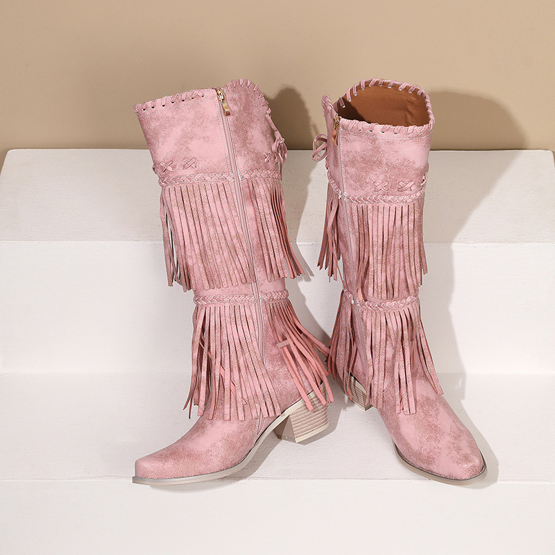 Women's Plus-Size Chunky-Heel Fringe Long Boots For Autumn And Winter