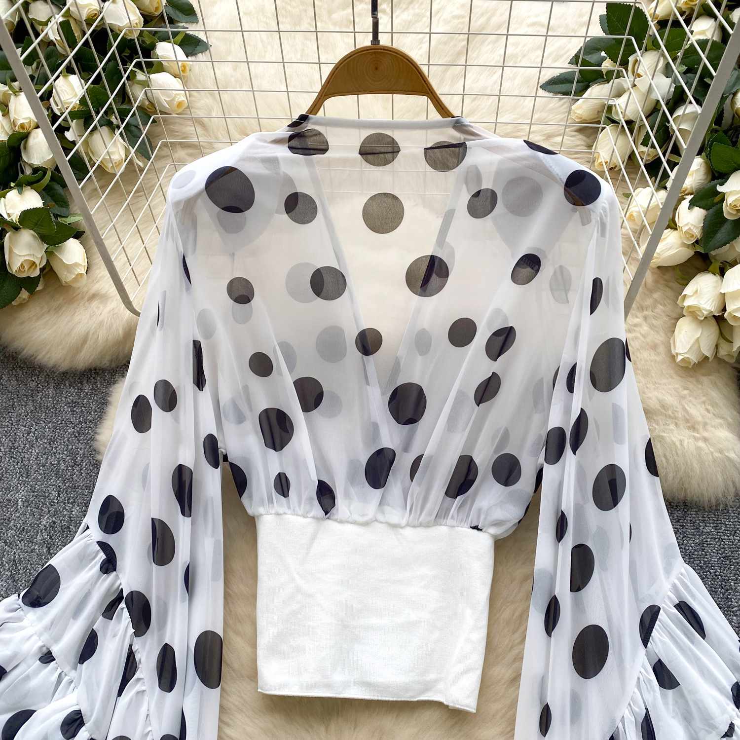 Sheer Cross V-Neck Waist-Cinched Flare-Sleeve Polka-Dot Top 42 f31f96e0 5b15 4953 b5e1 72c1d3294a58