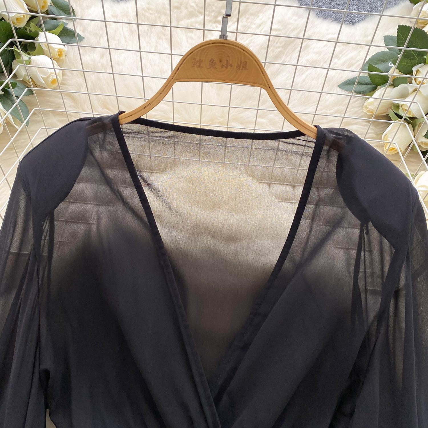 Sheer Cross V-Neck Waist-Cinched Flare-Sleeve Polka-Dot Top 30 fa049b5b a8c1 4ea8 b32a 77dd2a11969c