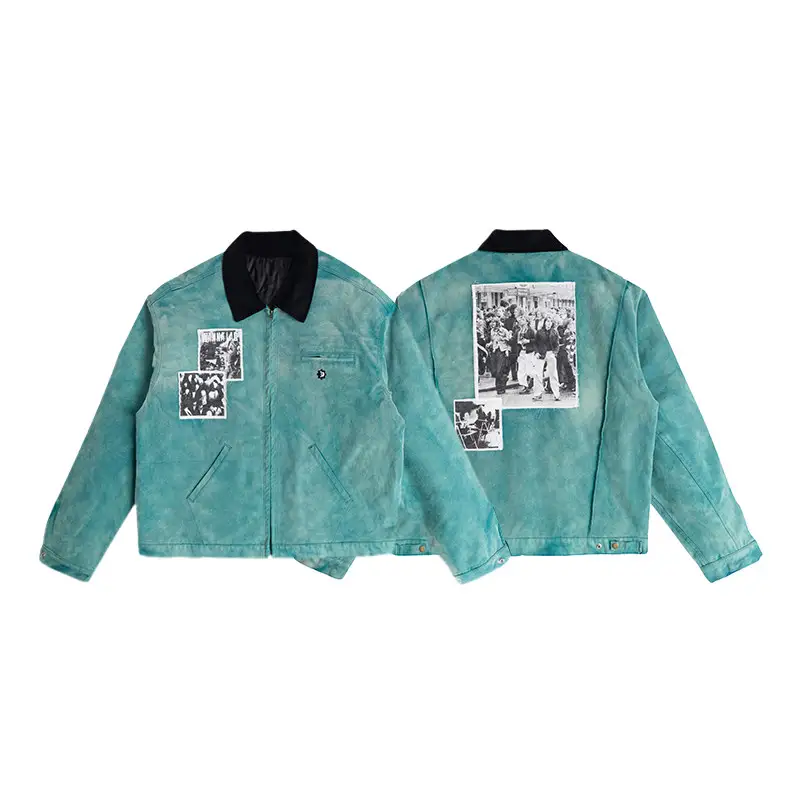Washed Distressed Patchwork Work Jacket