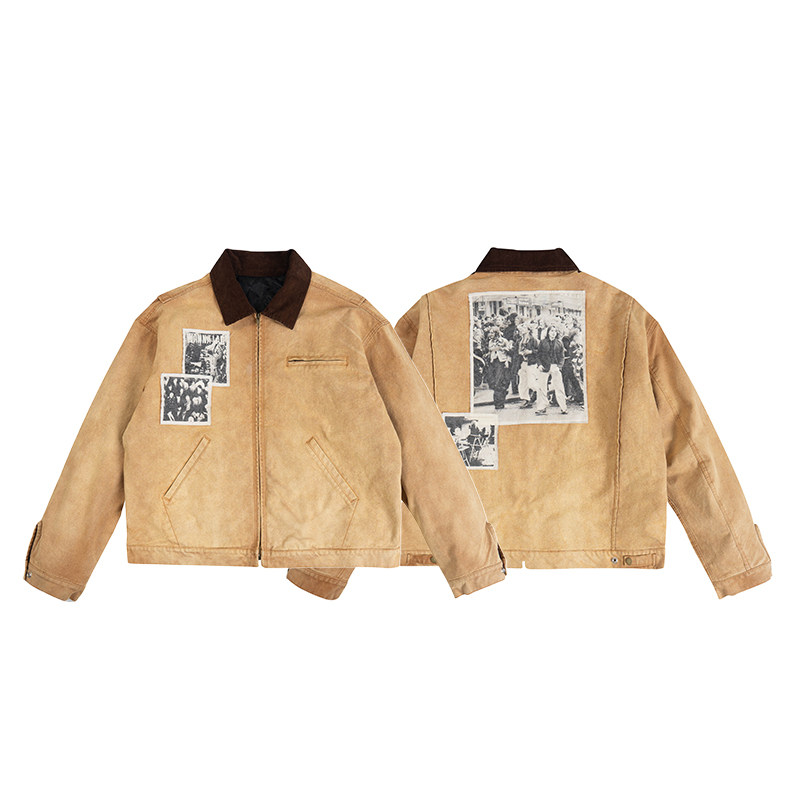 Washed Distressed Patchwork Work Jacket