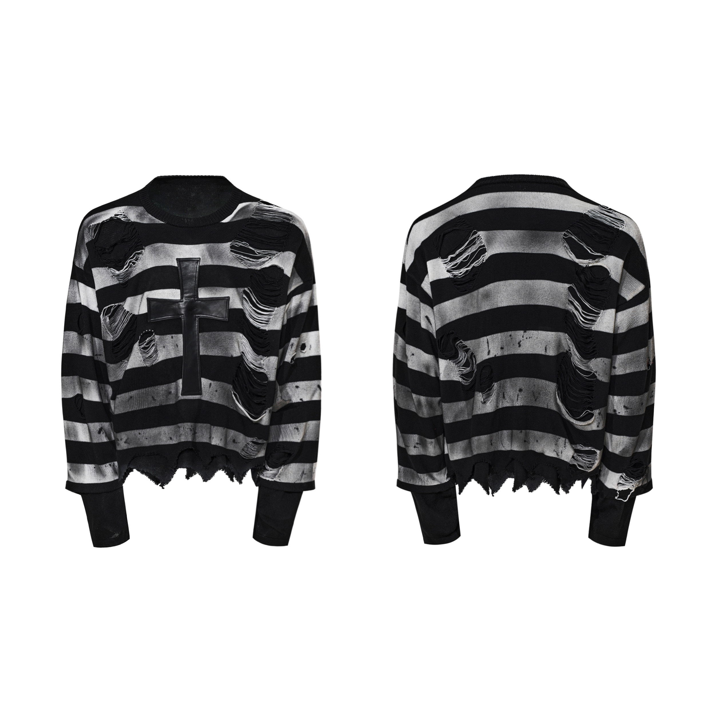 Cross-shaped Patchwork Genuine Leather Two-piece Mens Knit Sweater