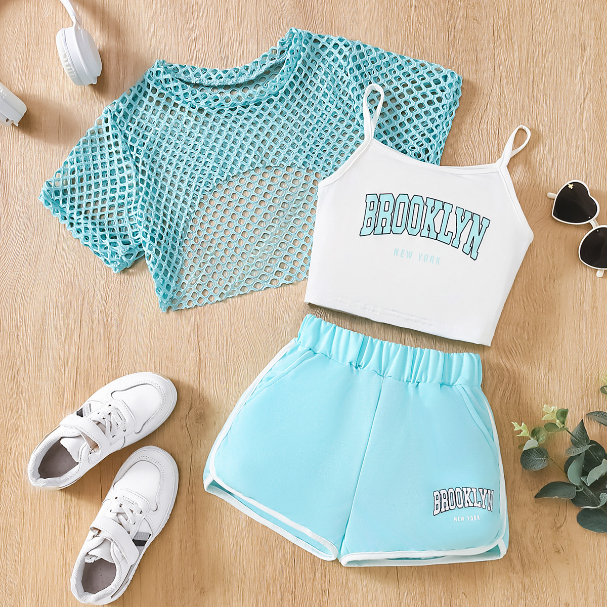 Summer New Mesh Shirt Short-Sleeve Top Pullover Three-Piece Set