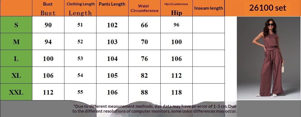 US size chart for Sleeveless Cotton-Linen Wide-Leg Pants Set – bust, waist, and hips measurements in inches