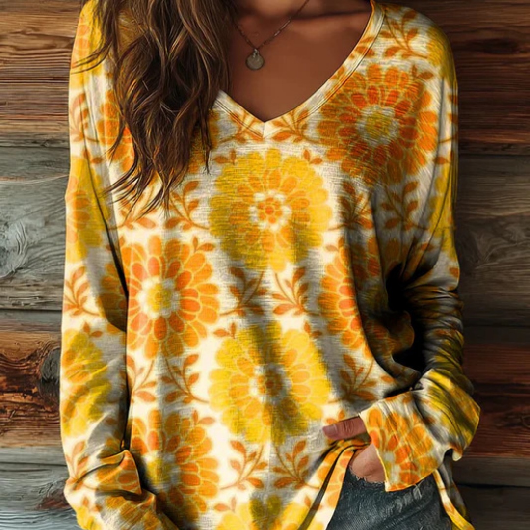 Women's Printed Drop-Shoulder V-Neck Long-Sleeve Pullover Top