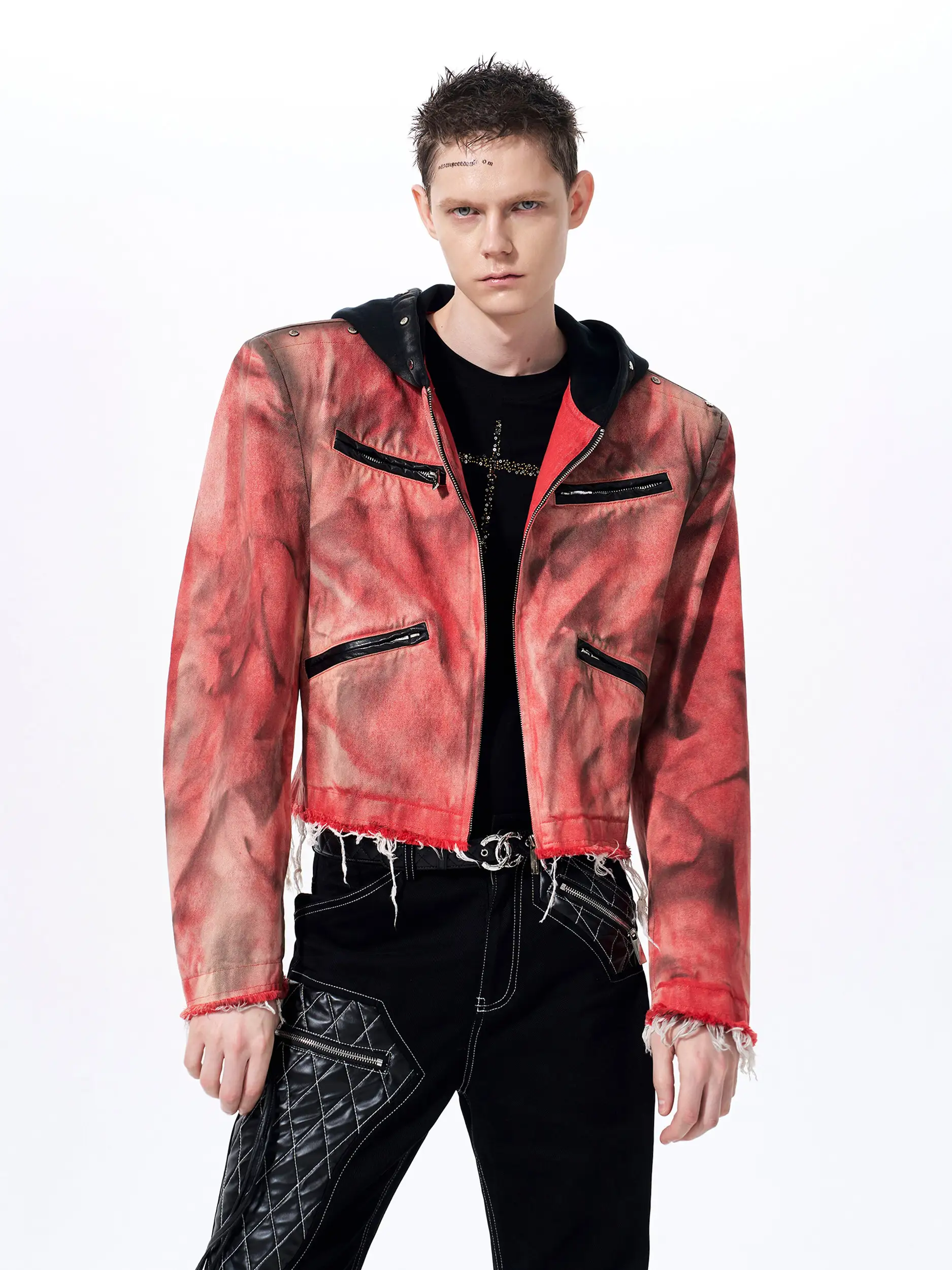 Hand-painted Distressed Hooded Denim Jacket For Men
