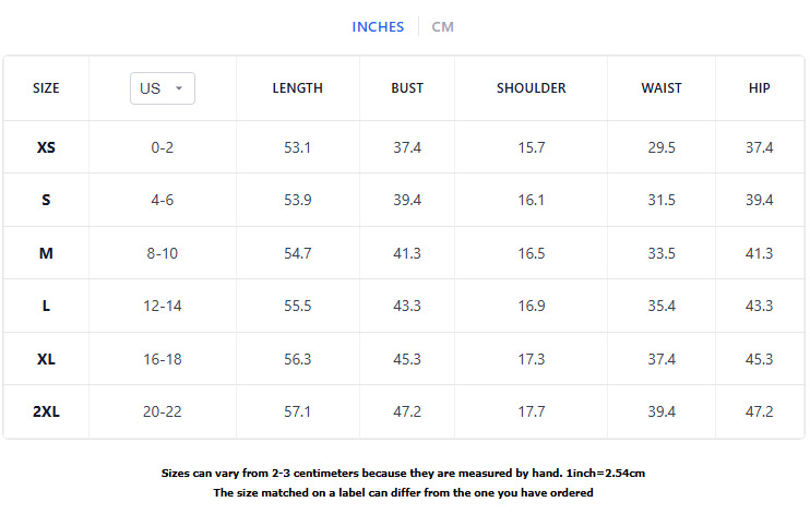Women's A-Line Maxi Dress Size Chart – US Sizing Guide in Inches