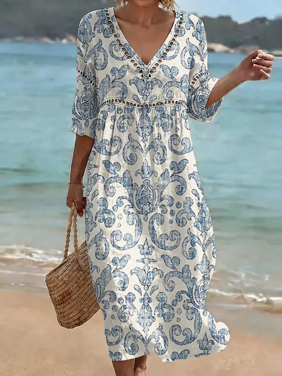 Elegant And Casual Fashion V-neck Digital-print Dress