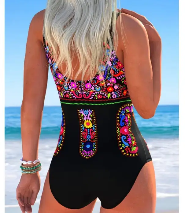 Shiny Patterned One-Piece Digital Print Swimsuit