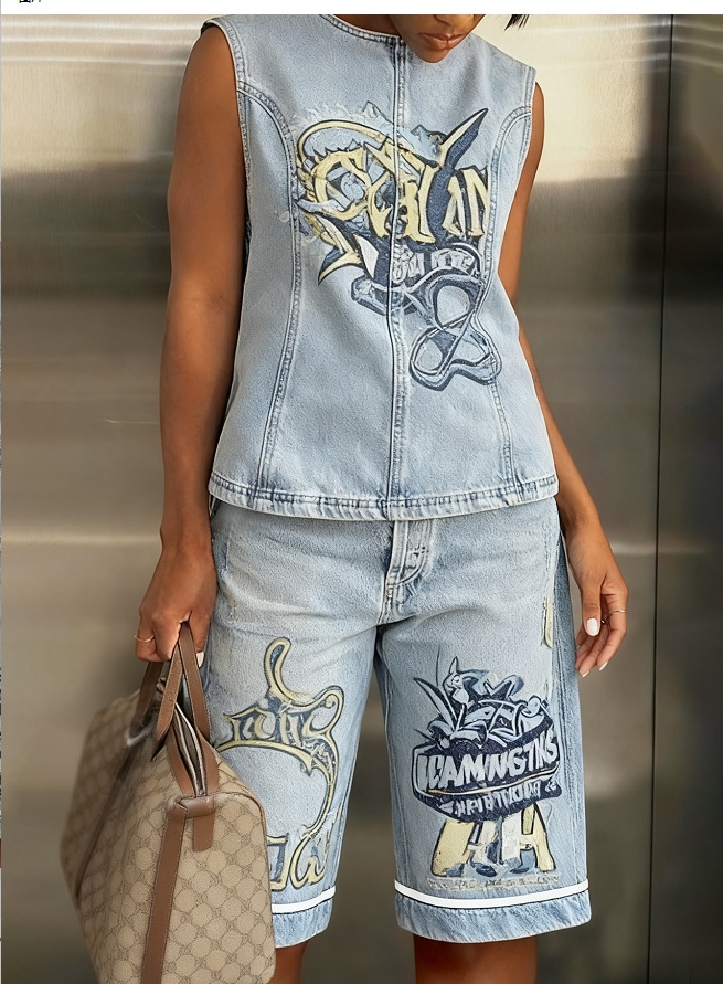 Vintage Washed Denim Sleeveless Top & Wide Leg Bermuda Shorts Two-Piece Set