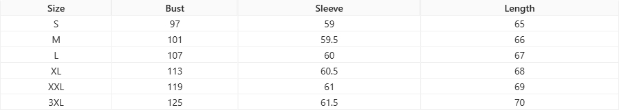 Women's work jacket size chart S to 3XL