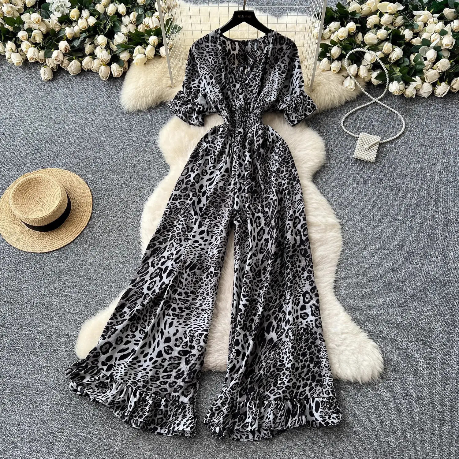 Women's Casual V-Neck Elastic Waist High-Waist Wide-Leg Printed Jumpsuit