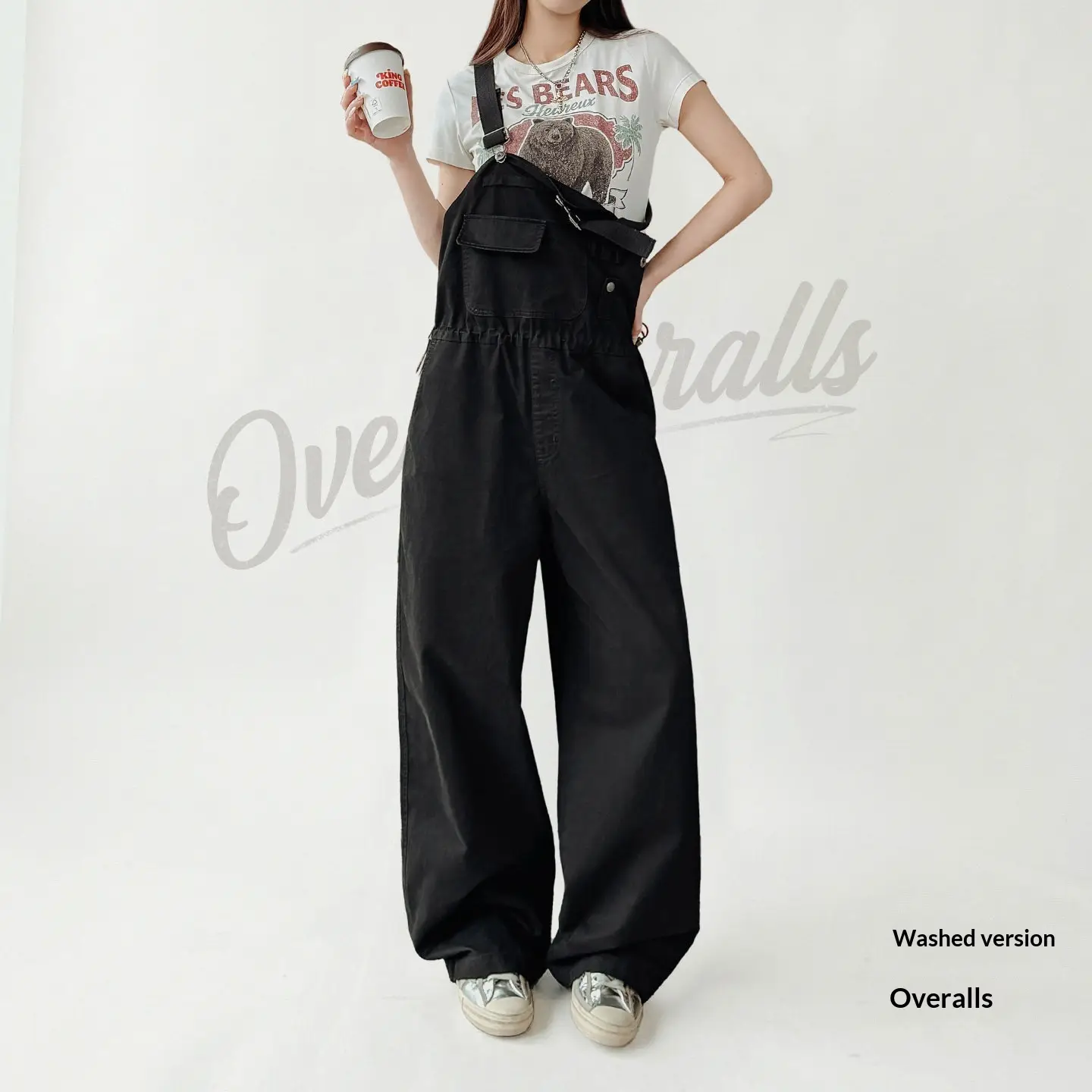 Cinched-waist Pure Cotton Wide-leg Straight-leg Workwear Overalls With Suspenders