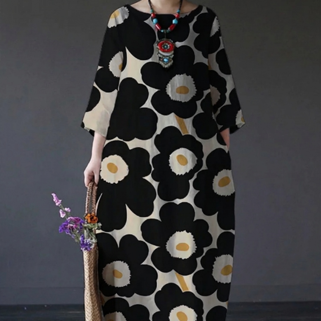 Womens Loose Round-Neck Fashionable High-End Long-Sleeve Printed Dress