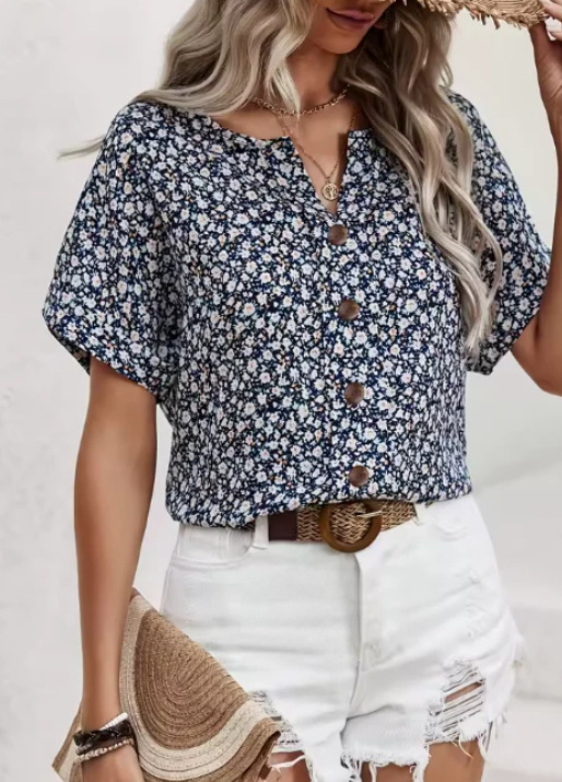 Plant Jacquard V-neck Women’s Short-sleeved T-shirt