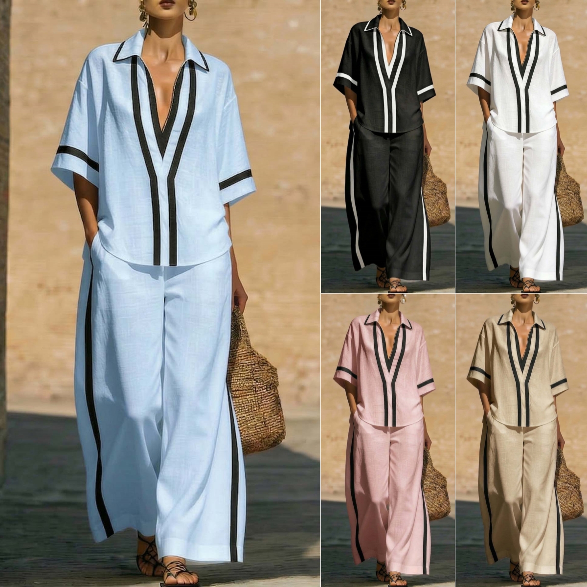 Color Block Short Sleeve Top And Wide Leg Pants Two Piece Set - Casual Summer Loose Fit Matching Outfit For Women Daily Wear