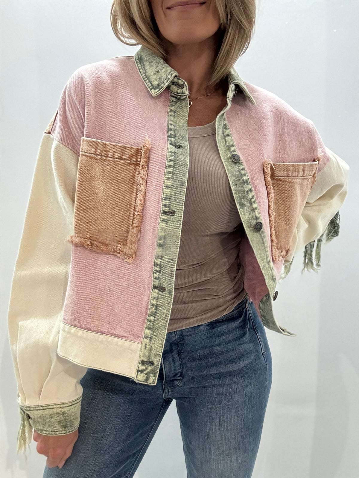 Fashionable Fringed Raw-edge Design Washed Contrast-color Work Jacket 6