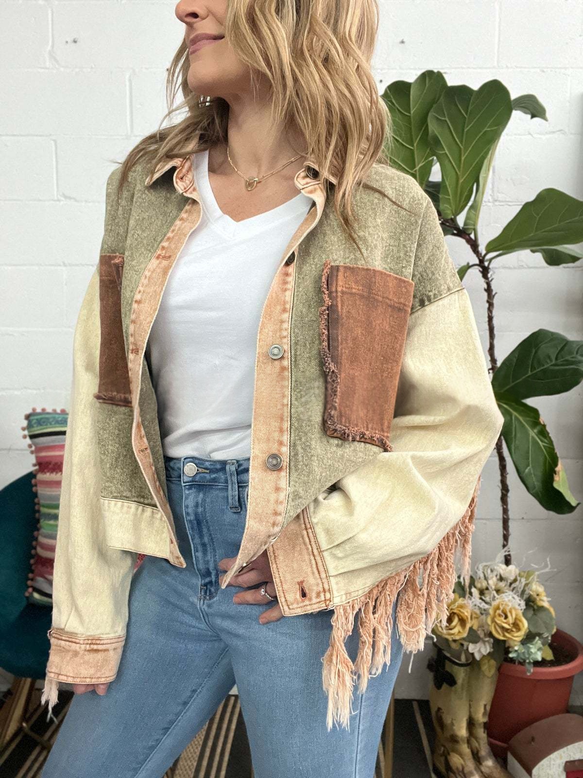 Washed Contrast-Color Fringe Raw-Edge Work Jacket for Women