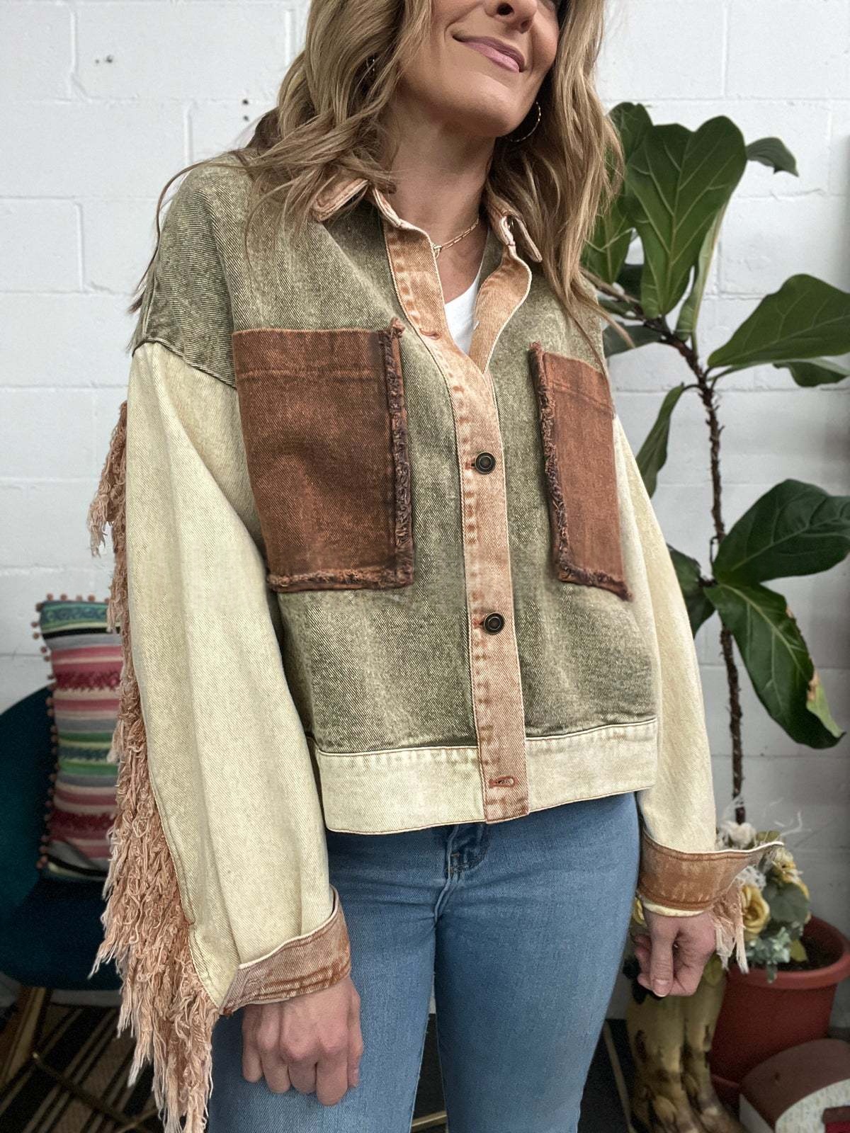 Washed Contrast-Color Fringe Raw-Edge Work Jacket for Women