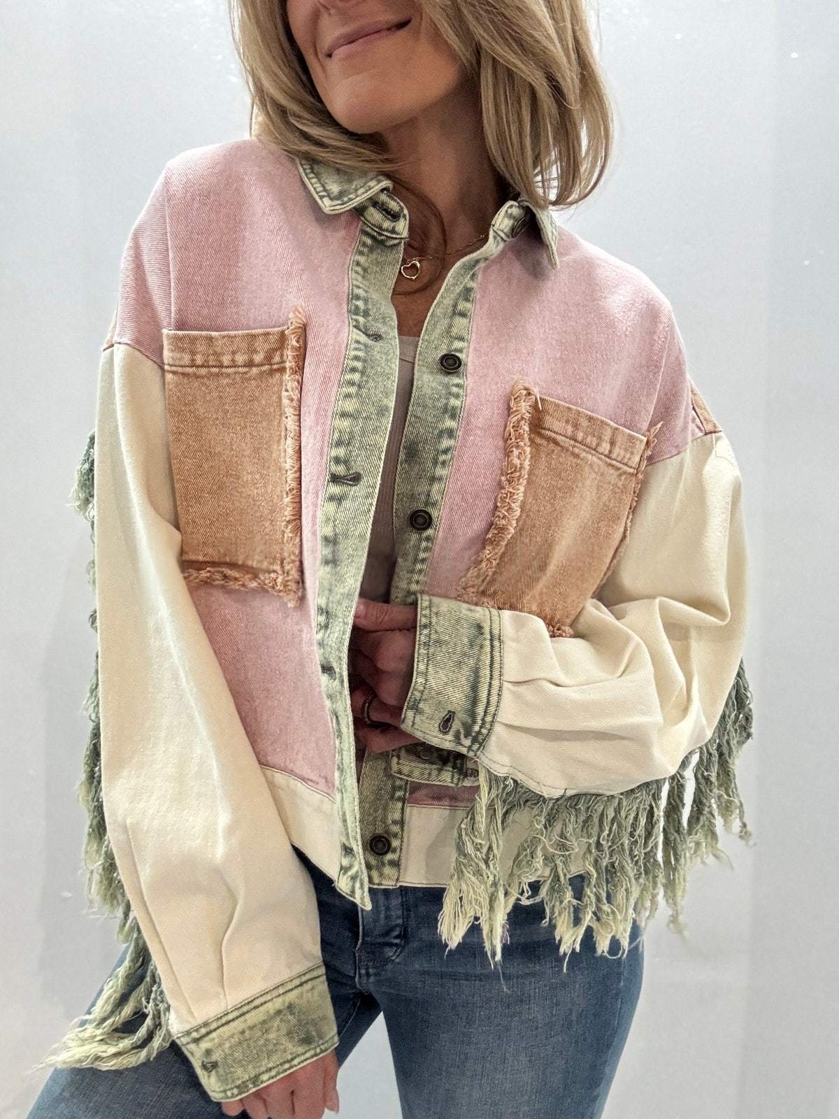 Washed Contrast-Color Fringe Raw-Edge Work Jacket for Women