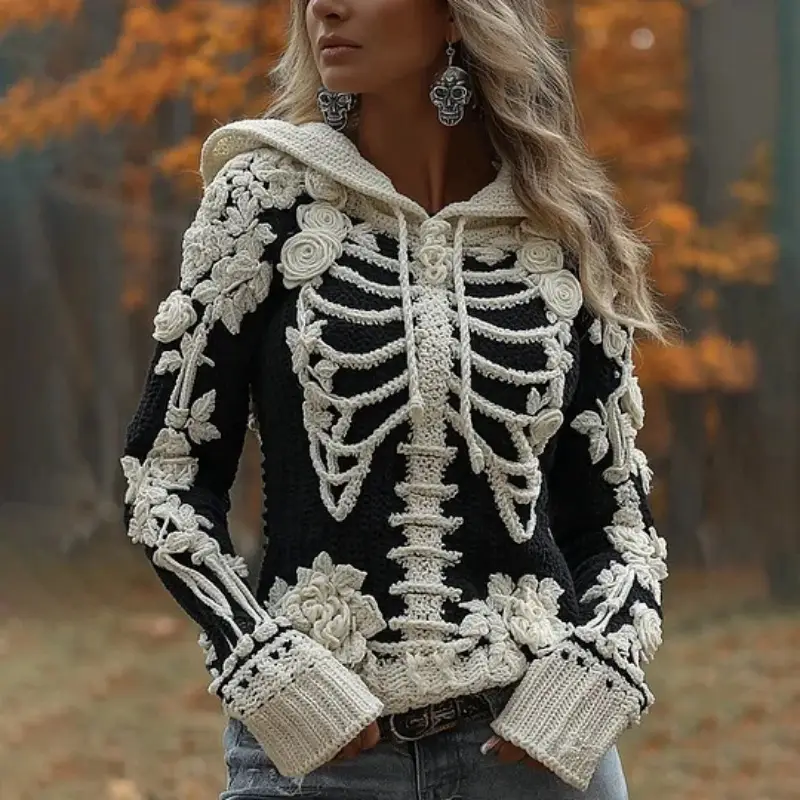 Retro 3D Printed Loose-Fit Womens Hooded Sweater