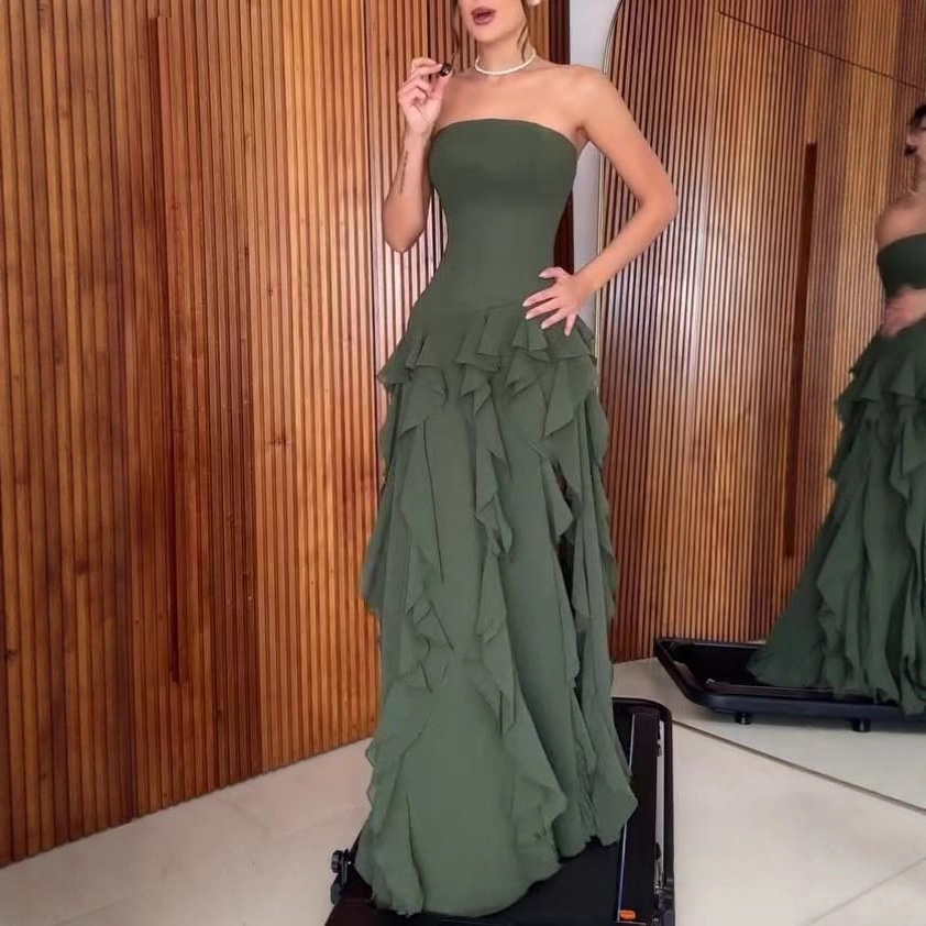 Ruffle-trimmed Side-slit Elegant Dress