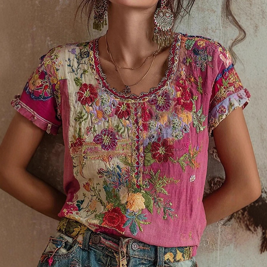 Womens Embroidered Printed Crewneck Short-Sleeve Blended Fabric T-Shirt Top — image 1