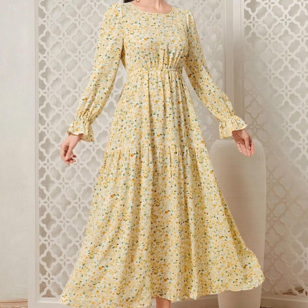 Long-sleeve Springfall Floral Print Dress
