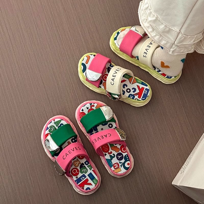 Cute Fashionable Graffiti Slide Casual Thick-Soled Platform Velcro Straps Sandals