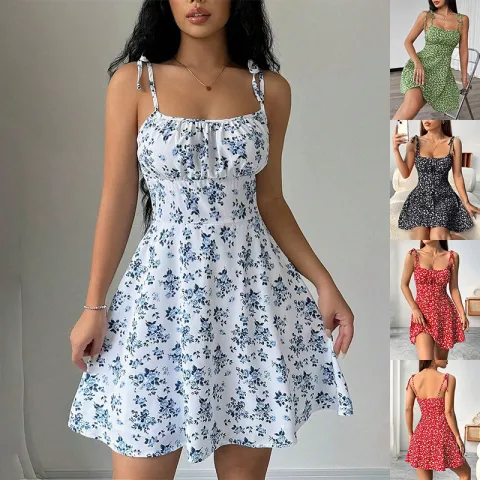 Floral Print Dress Summer Sweet A- Line Waist Trimming